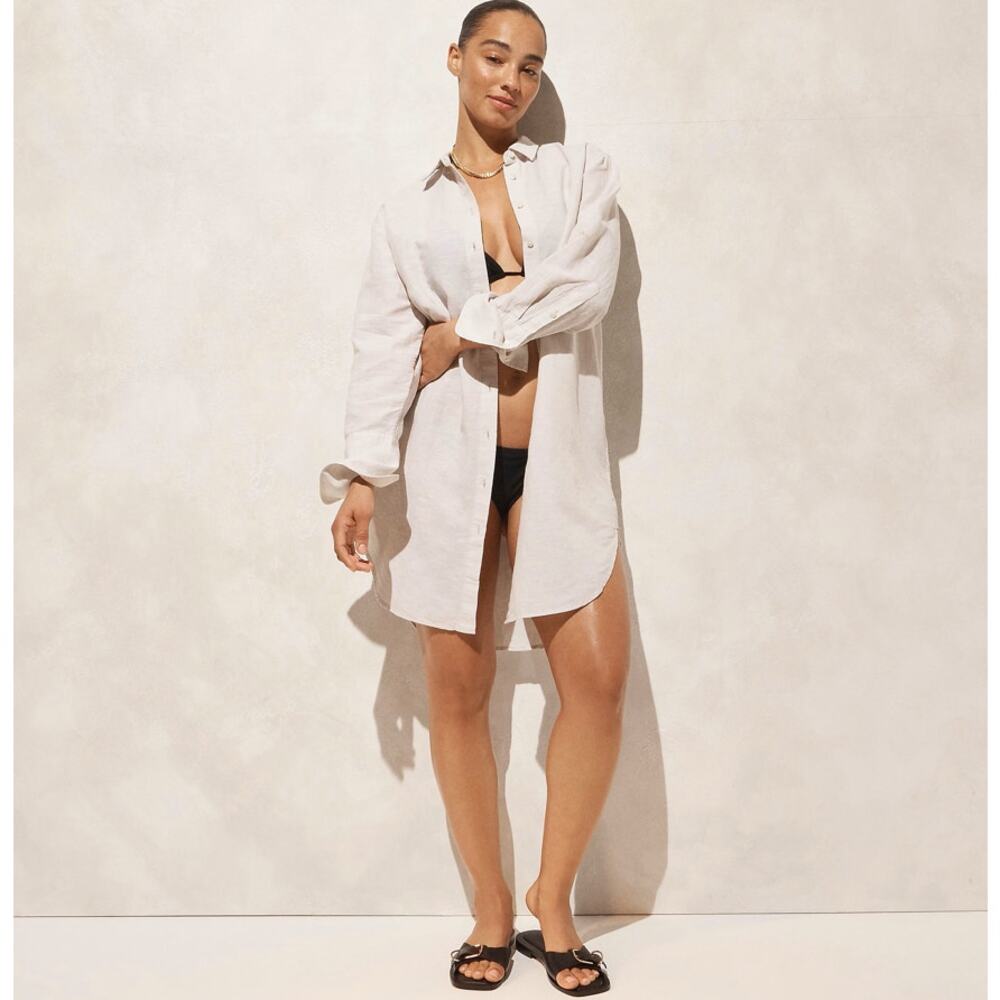 J.Crew Relaxed-Fit Beach Shirt SZ 2XS Flax Swim Cover Up Linen Blend Long Sleeve